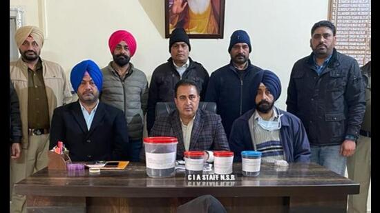 Punjab director general of police Viresh Kumar Bhawra said that the recovery was made on the disclosure statement of accused Amandeep Kumar, alias Mantri, of Lakhanpal village in Gurdaspur. (HT Photo)