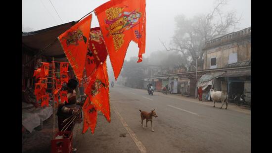 Hindu flags displayed at a shop on a cold and foggy morning in Ayodhya. (AP Photo)