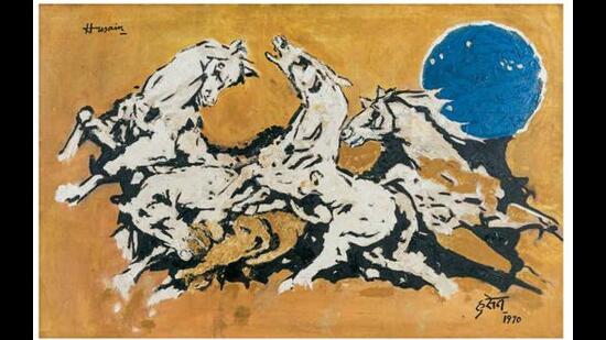 The painting being auctioned for INR 1.5 crore to 2.25 crore by MF Husain, as claimed by the auctioneers (Photo: Derivaz and Ivez auction house private limited) The painting being auctioned for INR 1.5 crore to 2.25 crore by MF Husain, as claimed by the auctioneers (Photo: Derivaz and Ivez auction house private limited)
