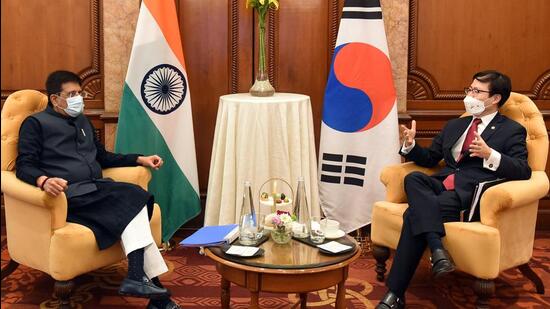 Union minister of commerce and industry Piyush Goyal meets South Korean trade minister Han-Koo Yeo to discuss bilateral trade in New Delhi on Tuesday. (ANI)