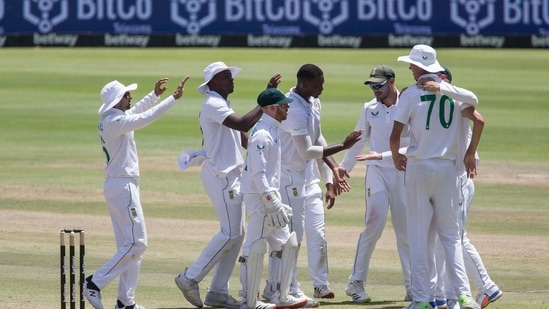 Cape Town: South Africa celebrate the wicket of Shardul Thakurduring the third day of the third and final test match between South Africa and India in Cape Town, South Africa, Thursday, Jan. 13, 2022.AP/PTI(AP01_13_2022_000135A)(AP)