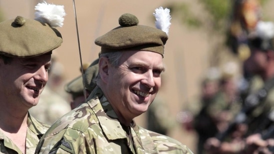 Britain's Prince Andrew watches as soldiers from Royal Highland Fusiliers 2nd Battalion, the Royal Regiment of Scotland.(AP) Britain's Prince Andrew watches as soldiers from Royal Highland Fusiliers 2nd Battalion, the Royal Regiment of Scotland.(AP)