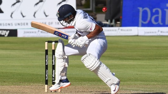 India's Mayank Agarwal ducks under a bouncer. India's Mayank Agarwal ducks under a bouncer. 