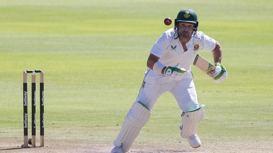 South African batsman Dean Elgar in action during the third day of the third and final test match between South Africa and India in Cape Town, South Africa, Thursday, Jan. 13, 2022. (AP Photo/Halden Krog)(AP)