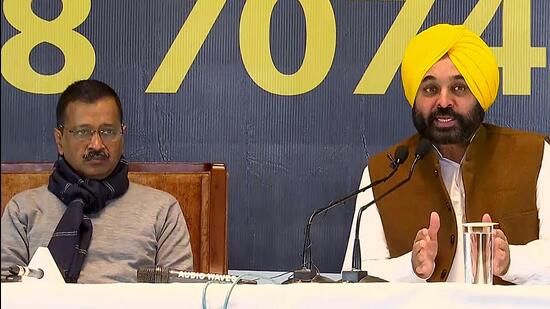 AAP naational convener and Delhi chief minister Arvind Kejriwal and AAP Punjab chief Bhagwant Mann addresses a press conference, in Mohali on Thursday. Kejriwal sought suggestions from the people on the party’s CM face for the upcoming elections. (ANI)