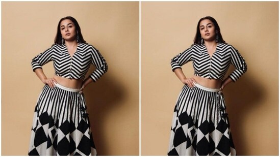 The co-ord set came with a white and black striped cropped top with quarter sleeves. She paired it with a long flowy skirt of the same print.(Instagram/@balanvidya)
