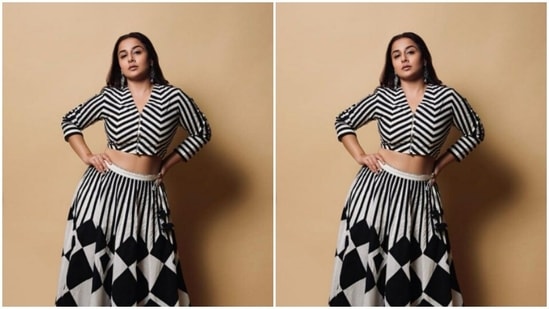 The co-ord set came with a white and black striped cropped top with quarter sleeves. She paired it with a long flowy skirt of the same print.(Instagram/@balanvidya)