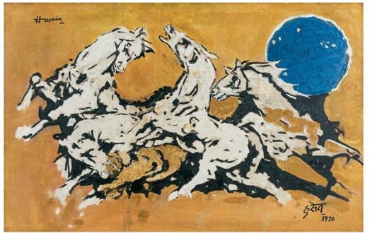 The painting being auctioned for INR 1.5 crore to 2.25 crore by MF Husain, as claimed by the auctioneers (Photo: Derivaz and Ivez auction house private limited) The painting being auctioned for INR 1.5 crore to 2.25 crore by MF Husain, as claimed by the auctioneers (Photo: Derivaz and Ivez auction house private limited)
