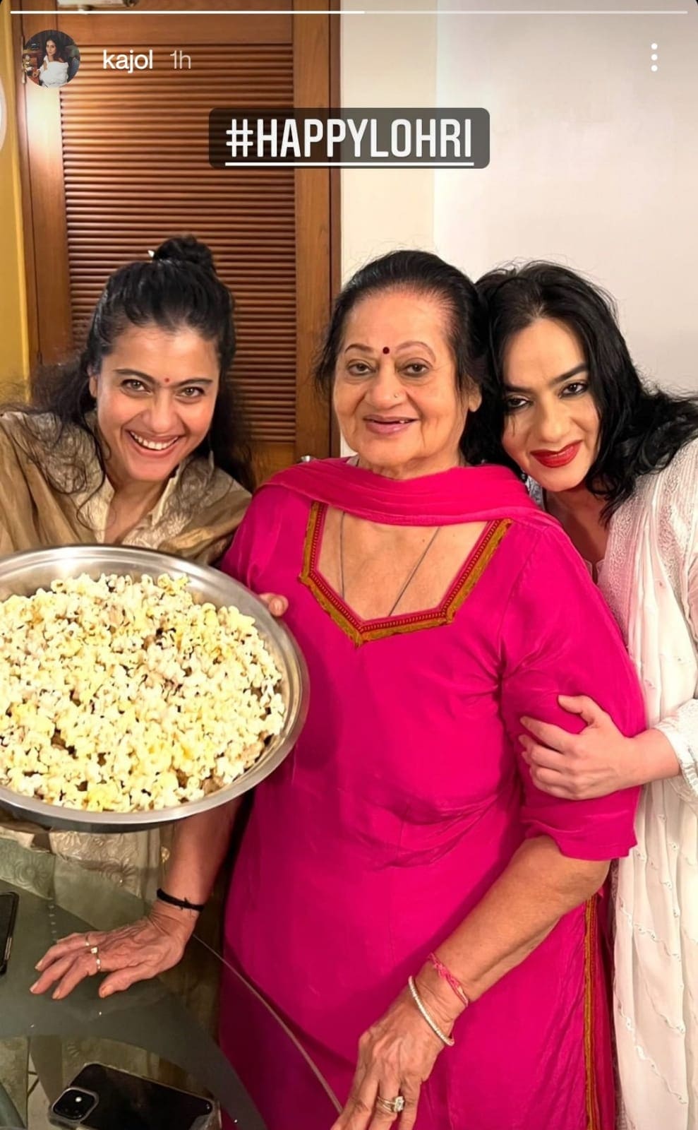 The picture posted by Kajol with mom-in-law Veena Devgan and sister-in-law Neelam Devgan Gandhi.