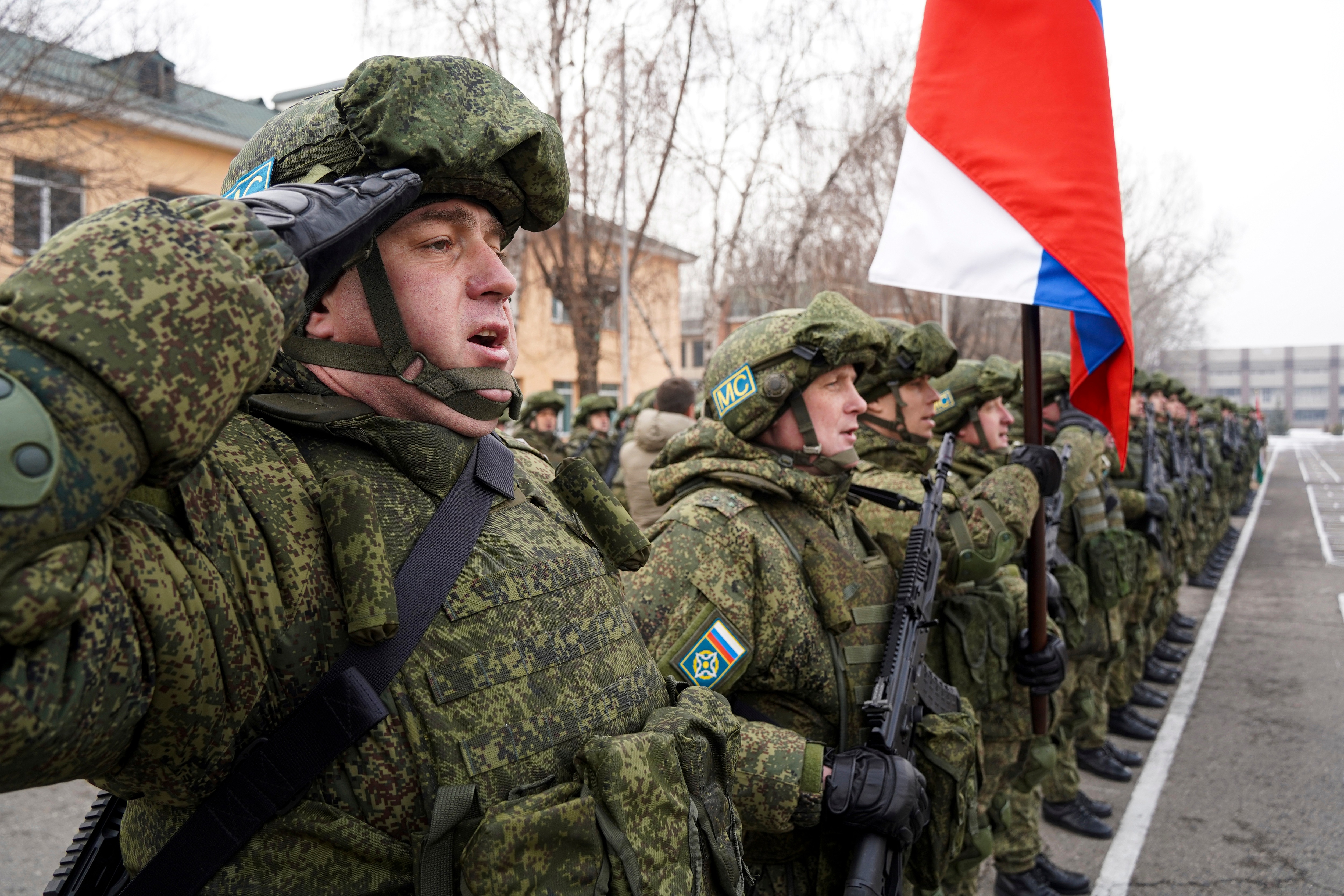 Russian peacekeepers of the Collective Security Treaty Organization attend the official ceremony of starting withdraw its troops in Almaty, Kazakhstan, on January 13, 2022. (via AP) Russian peacekeepers of the Collective Security Treaty Organization attend the official ceremony of starting withdraw its troops in Almaty, Kazakhstan, on January 13, 2022. (via AP)
