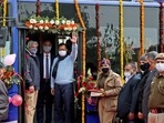 Delhi Chief Minister Arvind Kejriwal with Transport Minister Kailash Gahlot at the flagging off ceremony of the 100 new AC CNG buses, at Rajghat Bus Depot, in New Delhi.
