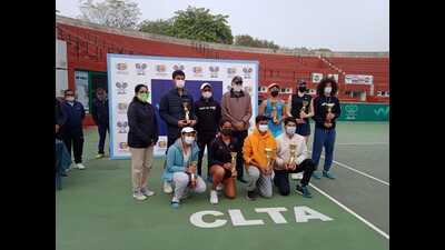 Players who won medals at the ITF tennis tournament on Friday. (HT Photo) Players who won medals at the ITF tennis tournament on Friday. (HT Photo)