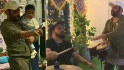 Kapil Sharma with son Trishaan and Mika Singh at Lohri celebrations. Kapil Sharma with son Trishaan and Mika Singh at Lohri celebrations.