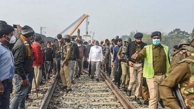 Union railway minister Ashwini Vaishnaw inspects the site of Guwahati-Bikaner Express train derailment at Mainaguri in Jalpaiguri district. (PTI) Union railway minister Ashwini Vaishnaw inspects the site of Guwahati-Bikaner Express train derailment at Mainaguri in Jalpaiguri district. (PTI)