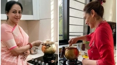 Hema Malini, Esha Deol make Pongal at home. (Instagram) Hema Malini, Esha Deol make Pongal at home. (Instagram)