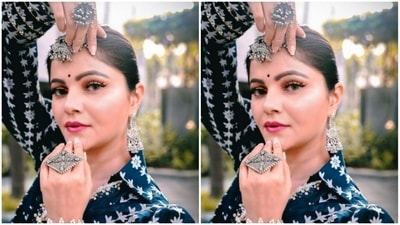 Styled by fashion stylist Ashna Makhijani Shah, Rubina wore her hair in clean bun and decked up in nude eyeshadow, yellow eyeliner, mascara-laden eyelashes, contoured cheeks and a shade of pink lipstick. (Instagram/@rubinadilaik)