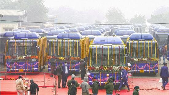 The new buses are Bharat Stage VI emission standard compliant, have foldable ramp for the differently abled, provide step-less boarding and alighting for passengers, CCTV cameras and panic buttons with hooters for women safety, among other features. (ANI)
