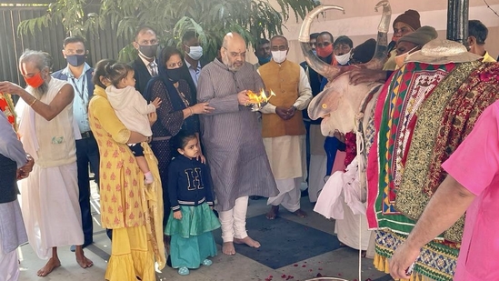 Union home minister Amit Shah worships cow on Makar Sankranti at Ahmedabad's Jagannath Temple on Friday. (January 14, 2022) (Twitter/Amit Shah)