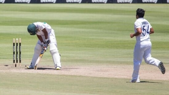 South African batsman Keegan Peterson is bowled to by Indian bowler Shardul Thakur during the fourth day of the third and final test match between South Africa and India in Cape Town, South Africa, Friday, Jan. 14, 2022. (AP Photo/Halden Krog)(AP)