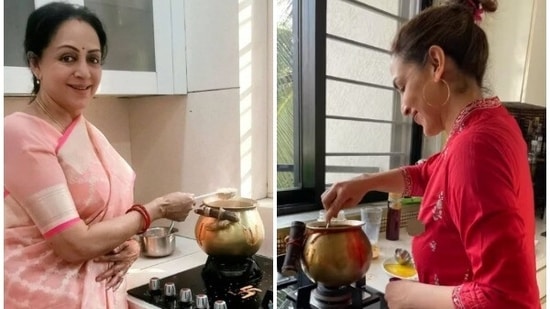 Hema Malini, Esha Deol make Pongal at home.&nbsp;(Instagram)