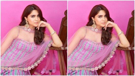 The slip-in kurta came with satin pink pair of shararas and a pink dupatta lined with golden zari.(Instagram/@sharvari)