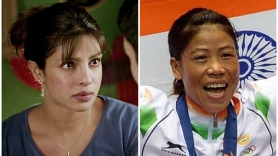 Priyanka Chopra in a still from Mary Kom (L) and the boxer.