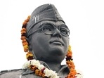 A statue of freedom fighter Netaji Subhas Chandra Bose is pictured with a garland. A statue of freedom fighter Netaji Subhas Chandra Bose is pictured with a garland.