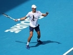 Serbian tennis player Novak Djokovic practices on Rod Laver Arena ahead of the 2022 Australian Open at Melbourne Park on January 11, 2022.&nbsp;