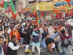 Celebration in Gorakhpur after chief minister Yogi Adityanath was declared as candidate from Gorakhpur Urban seat. (Sourced)