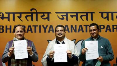 Union Minister of Education Dharmendra Pradhan with BJP National General Secretary Arun Singh (L) and others at a press conference over the announcement of party candidates for the 1st and 2nd phase of Uttar Pradesh Assembly Elections 2022, at party headquarters, in New Delhi. Union Minister of Education Dharmendra Pradhan with BJP National General Secretary Arun Singh (L) and others at a press conference over the announcement of party candidates for the 1st and 2nd phase of Uttar Pradesh Assembly Elections 2022, at party headquarters, in New Delhi.