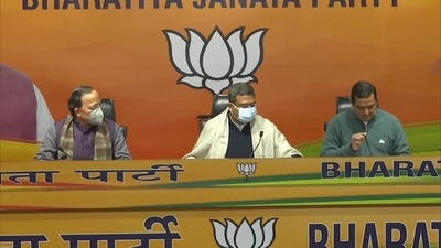 Union minister Dharmendra Pradhan addresses press conference. (ANI)