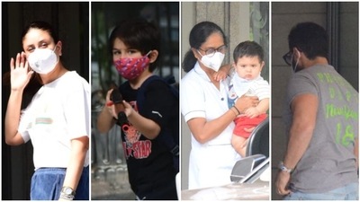 Kareena Kapoor, Taimur Ali Khan, Jeh Ali Khan, and Saif Ali Khan at Randhir Kapoor's home. Kareena Kapoor, Taimur Ali Khan, Jeh Ali Khan, and Saif Ali Khan at Randhir Kapoor's home.