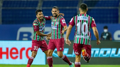 Goa: David Joel Williams of ATK Mohun Bagan celebrates after scoring a goal during ISL match between ATK Mohun Bagan and Hyderabad FC at the Fatorda stadium in Goa. (PTI)