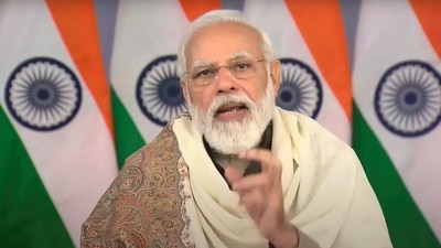 Prime Minister Narendra Modi gestures while addressing start-ups across the country via video conferencing, in New Delhi. (PTI)