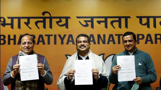 Union Minister of Education Dharmendra Pradhan with BJP National General Secretary Arun Singh (L) and others at a press conference over the announcement of party candidates for the 1st and 2nd phase of Uttar Pradesh Assembly Elections 2022, at party headquarters, in New Delhi.