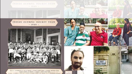 Clockwise from left: The 1948 Indian Olympic hockey team; Bani, her father & older brother, Mano; Bani and her father; Nandy Singh’s house; and a young Nandy Singh
