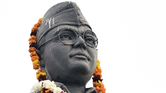 A statue of freedom fighter Netaji Subhas Chandra Bose is pictured with a garland.(AP)