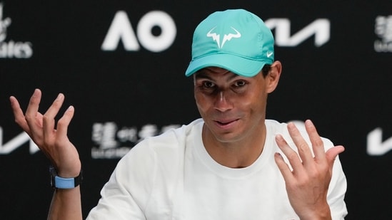 Rafael Nadal gestures during a press conference ahead of the Australian Open tennis championships in Melbourne, Australia, Saturday, Jan. 15, 2022.(AP)