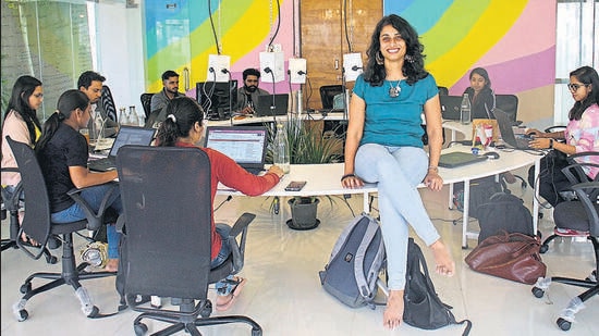Mugdha Pradhan, founder and CEO of iThrive at her office in Pune. (Ravindra Joshi/HT PHOTO)