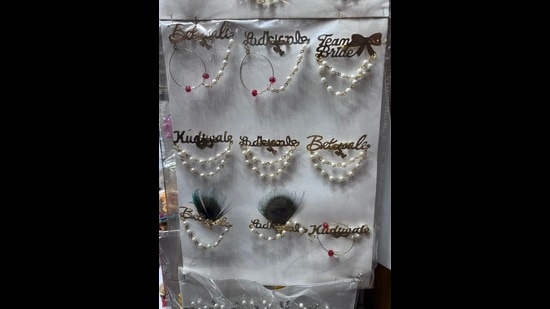 These crystal badges are available at Kinari Bazar and can be customised as per choice. (Photo: Dhruv Sethi/HT)