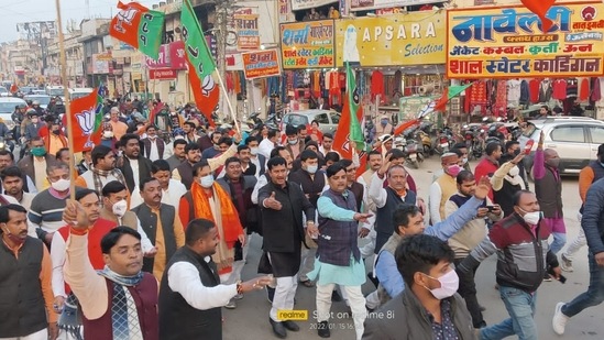 Celebration in Gorakhpur after chief minister Yogi Adityanath was declared as candidate from Gorakhpur Urban seat. (Sourced) Celebration in Gorakhpur after chief minister Yogi Adityanath was declared as candidate from Gorakhpur Urban seat. (Sourced)
