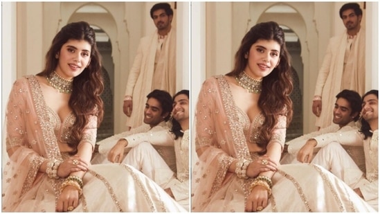 Sanjana played muse to the fashion designer Abhinav Mishra and picked a pastel bridal ensemble from his wardrobe.(Instagram/@sanjanasanghi96)