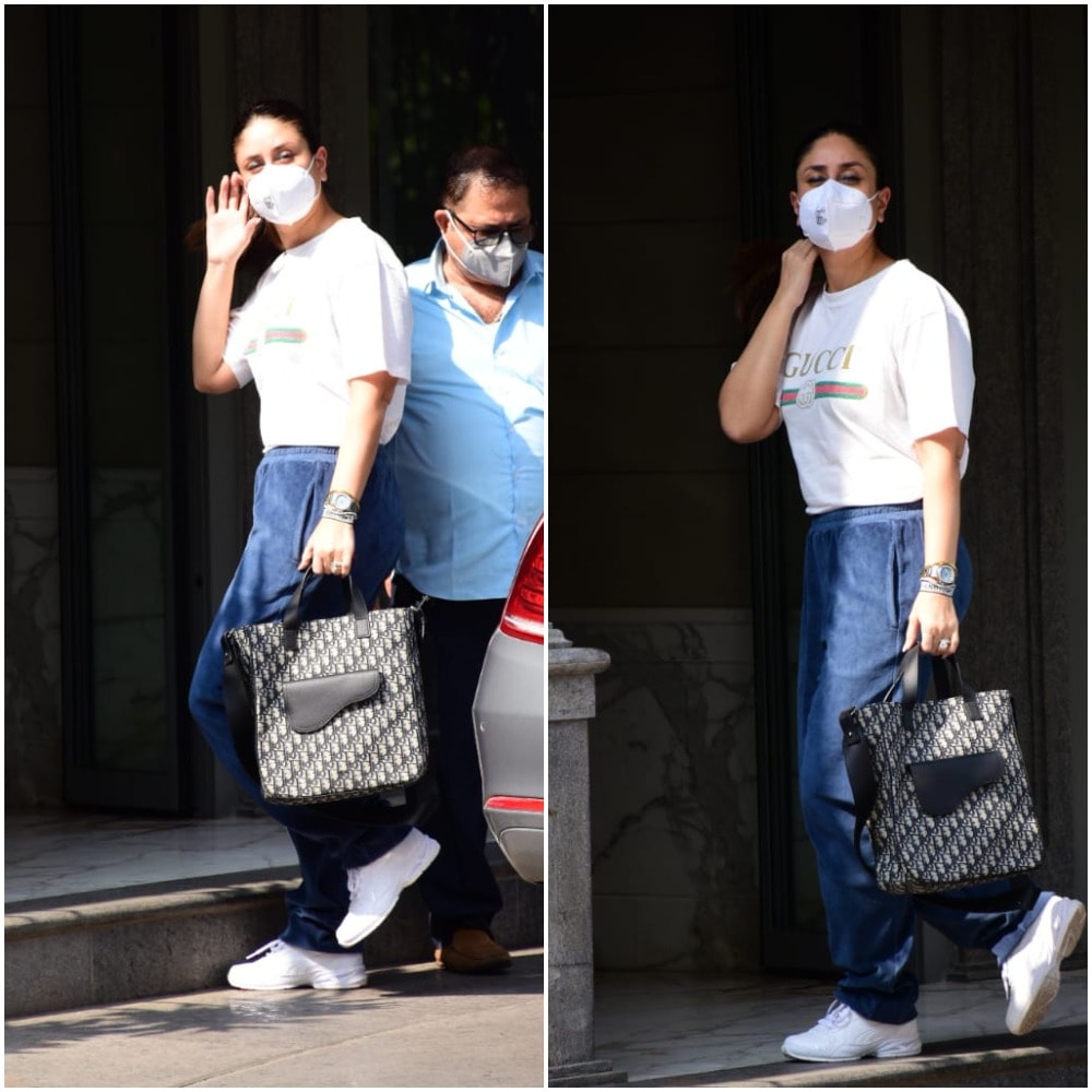 Kareena Kapoor was seen dressed in a white T-shirt, blue denim and white sneakers.