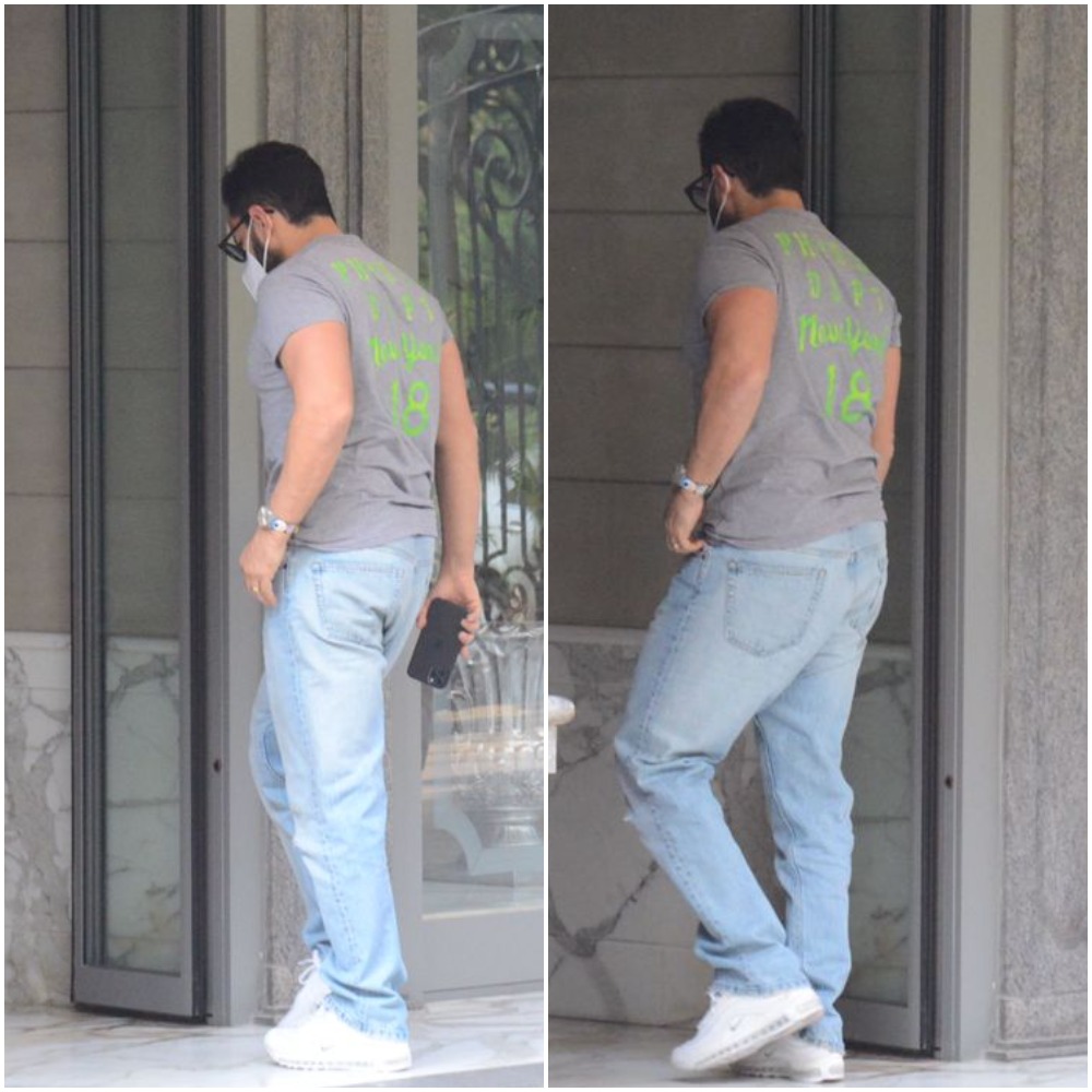 Saif Ali Khan wore a grey T-shirt, light blue denims and white sneakers.