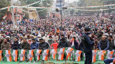 Jammu: Congress supporters during a public rally at Khour village near Jammu, Sunday, Dec. 26, 2021. (PTI Photo)(PTI12_26_2021_000054B) (PTI) Jammu: Congress supporters during a public rally at Khour village near Jammu, Sunday, Dec. 26, 2021. (PTI Photo)(PTI12_26_2021_000054B) (PTI)