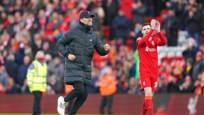 Liverpool's manager Jurgen Klopp runs onto the pitch to celebrate at the end of an English Premier League soccer match between Liverpool and Brentford at Anfield in Liverpool, (AP) Liverpool's manager Jurgen Klopp runs onto the pitch to celebrate at the end of an English Premier League soccer match between Liverpool and Brentford at Anfield in Liverpool, (AP)