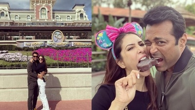 Pictures from Kim Sharma and Leander Paes' outing at a Disney theme park in the US.