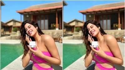 Janhvi shared photos of herself applying skincare products on her face and enjoying a sheet mask by the pool on Instagram. The star wore a one-shoulder swimsuit in these pictures and looked jaw-droppingly stunning. One can also see the tattoo she got as a tribute to her mother, Sridevi. (Instagram/@janhvikapoor)