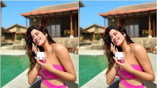 Janhvi shared photos of herself applying skincare products on her face and enjoying a sheet mask by the pool on Instagram. The star wore a one-shoulder swimsuit in these pictures and looked jaw-droppingly stunning. One can also see the tattoo she got as a tribute to her mother, Sridevi.(Instagram/@janhvikapoor)