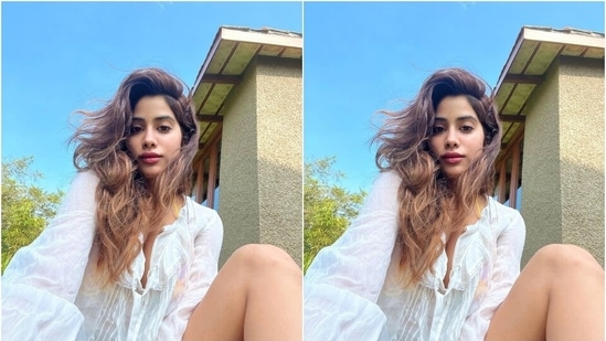 Janhvi donned a see-through embroidered white crinkled shirt in this click. It features a plunging neckline with connected ribbon ties, open front, long sleeves with gathered cuffs and a midriff-baring cropped length.(Instagram/@janhvikapoor)